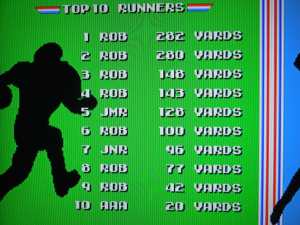 If you finish in the top 10 of rushing yards, passing yards, tackles, or interceptions, you can enter your initials in the high score screen - which will save even after you turn off the system. 