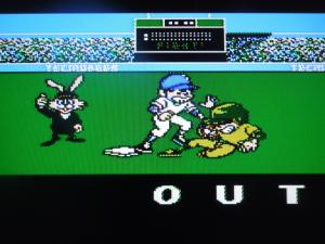 The Tecmo Bunny calls the game fair and square. (Notice the 'TecmoBeer' advertisement on the wall)